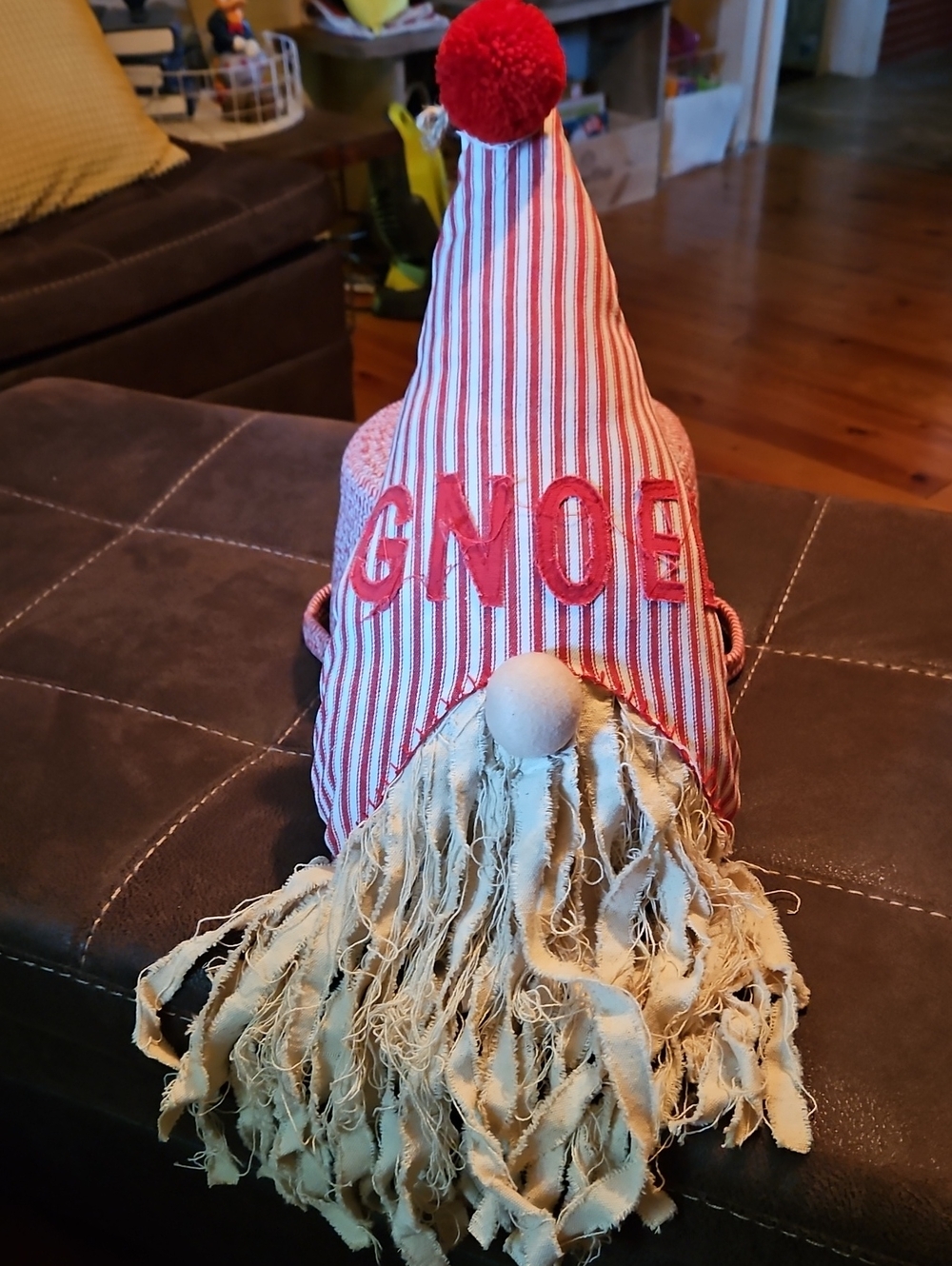 Mud Pie Red Striped Gnome Accent Pillow with Cream Beard